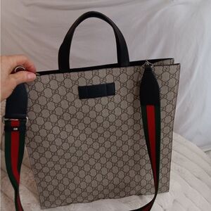 Gucci Beige Monogram Tote with Red and Green Strap